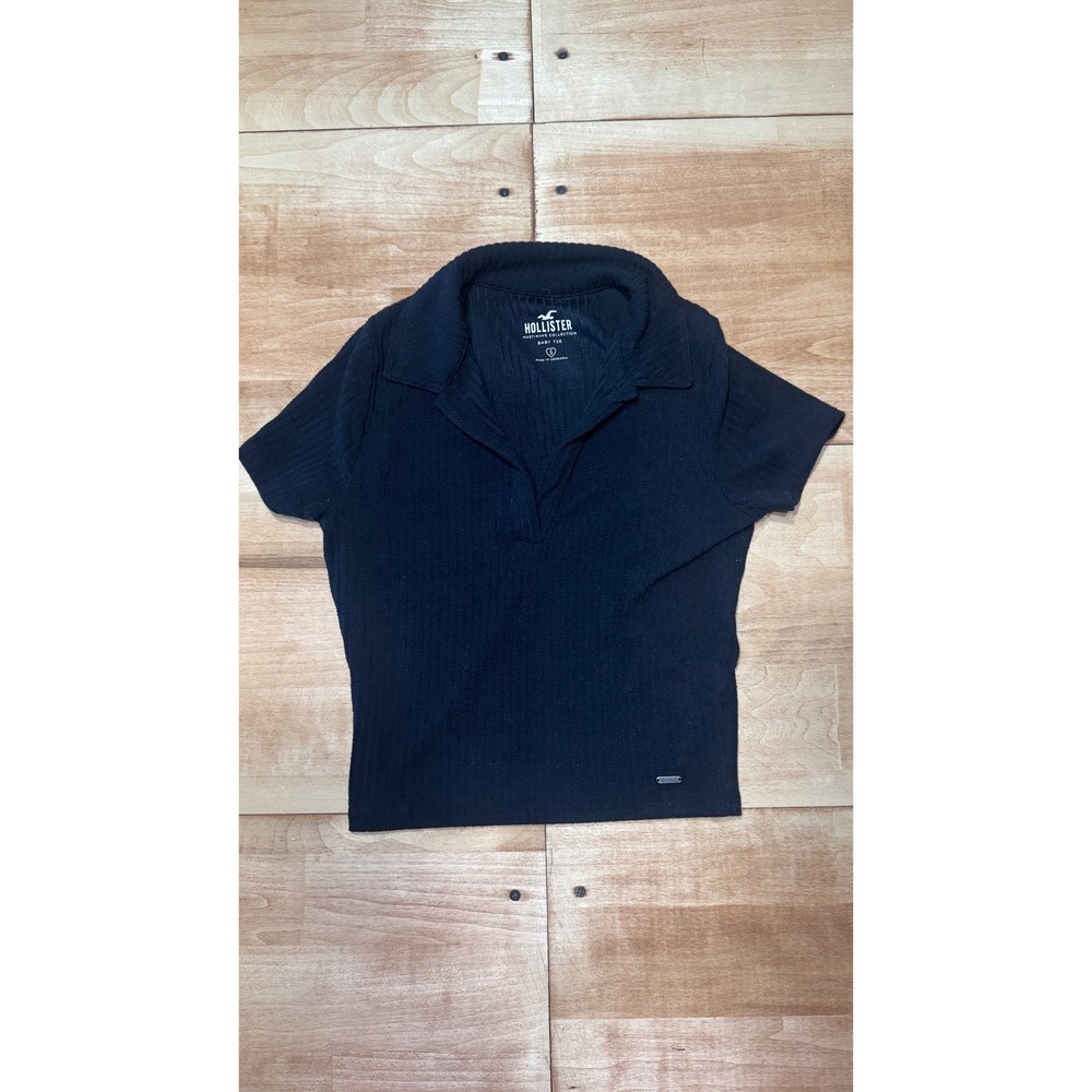 Hollister Must-Have Collection Black Ribbed Collared Baby Tee Shirt Small
